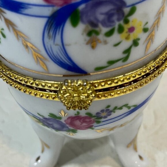 VTG Hand Painted Faberge Style Floral Porcelain Egg Shaped Hinged Jewelry Box - Picture 11 of 16